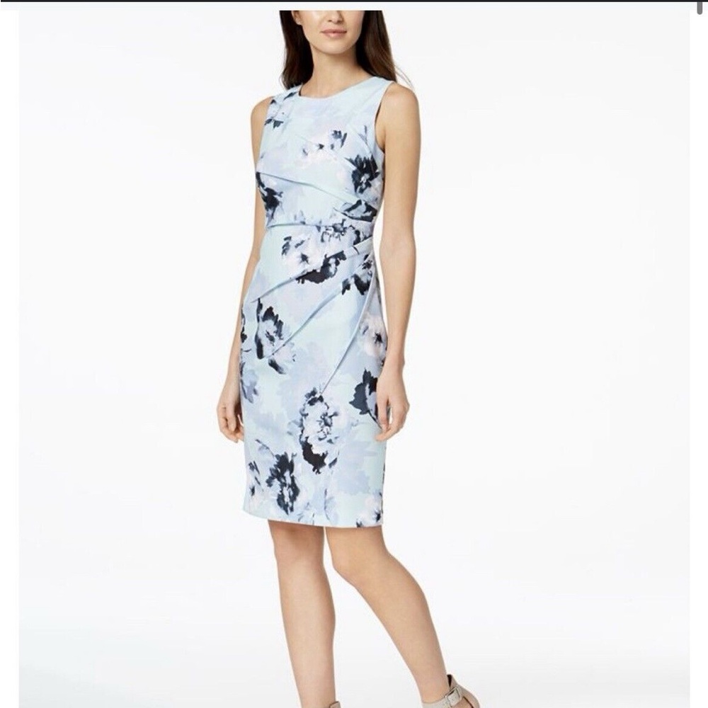 Calvin Klein Blue Floral Sunburst Seam Crepe Sleeveless Sheath Dress Size 2